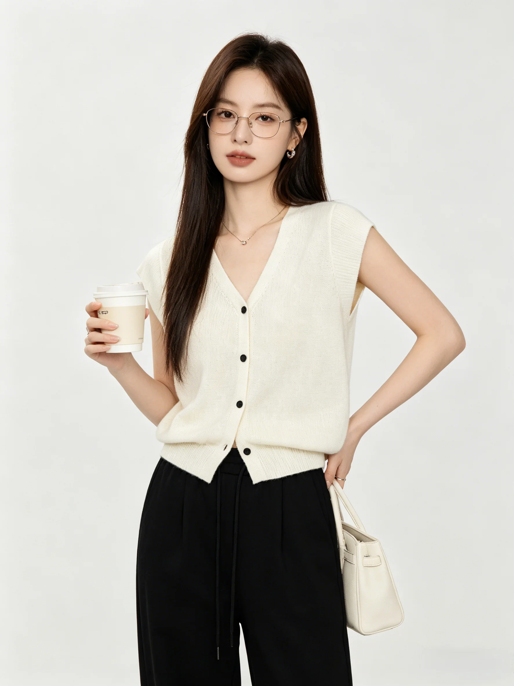 

Casual Breathable Soft V-neck Knitted Open Cardigan Summer Korean Gentle Peach Color Slimming Top Pure Color Women's Knitted ...