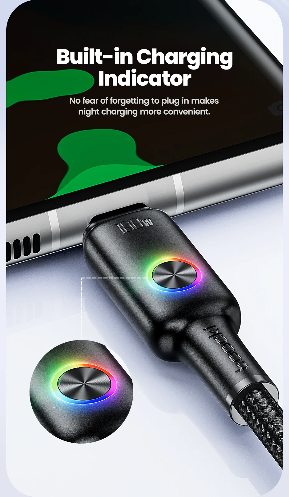 Toocki 3er-Set 100W USB-C Kabel Typ C PD3.0 mit LED-Anzeige für schnelles Laden – für iPhone 17/16, Xiaomi, Huawei, MacBook – 5A Typ-C Datenkabel – Detail 9