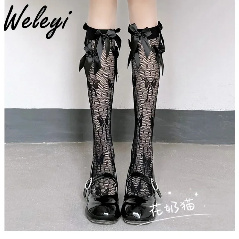 

Women's Summer White Bowknot Lace Stockings Y2K Sweet Thin Mary Jane Tube Socks Lolita Multiple Bows Silk Calf Socks for Women