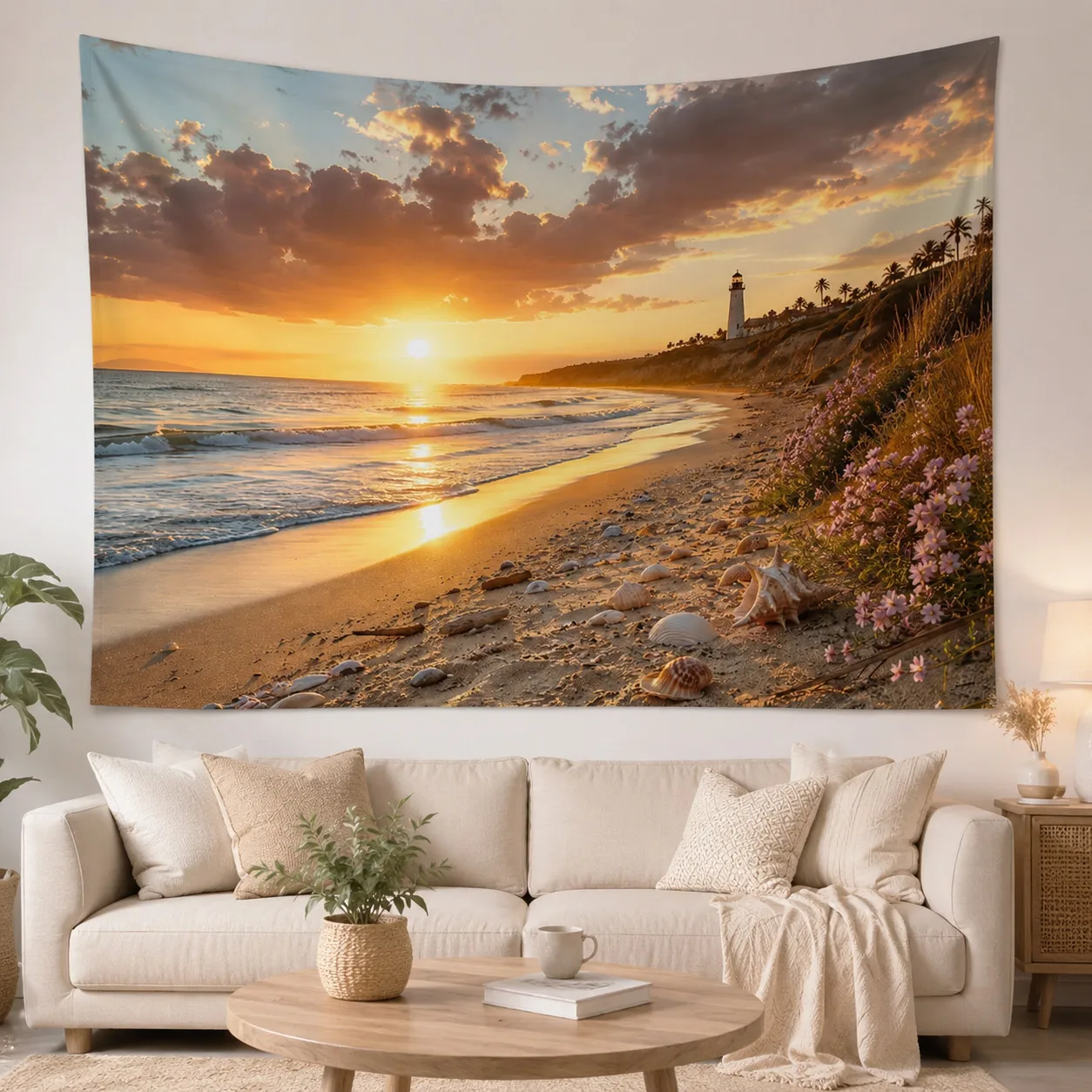 Coastal Lighthouse Tapestry Wall Art Romantic Pink Sunset Ocean Woven Blanket Seaside Landscape Room Decoration Backdrop Cloth