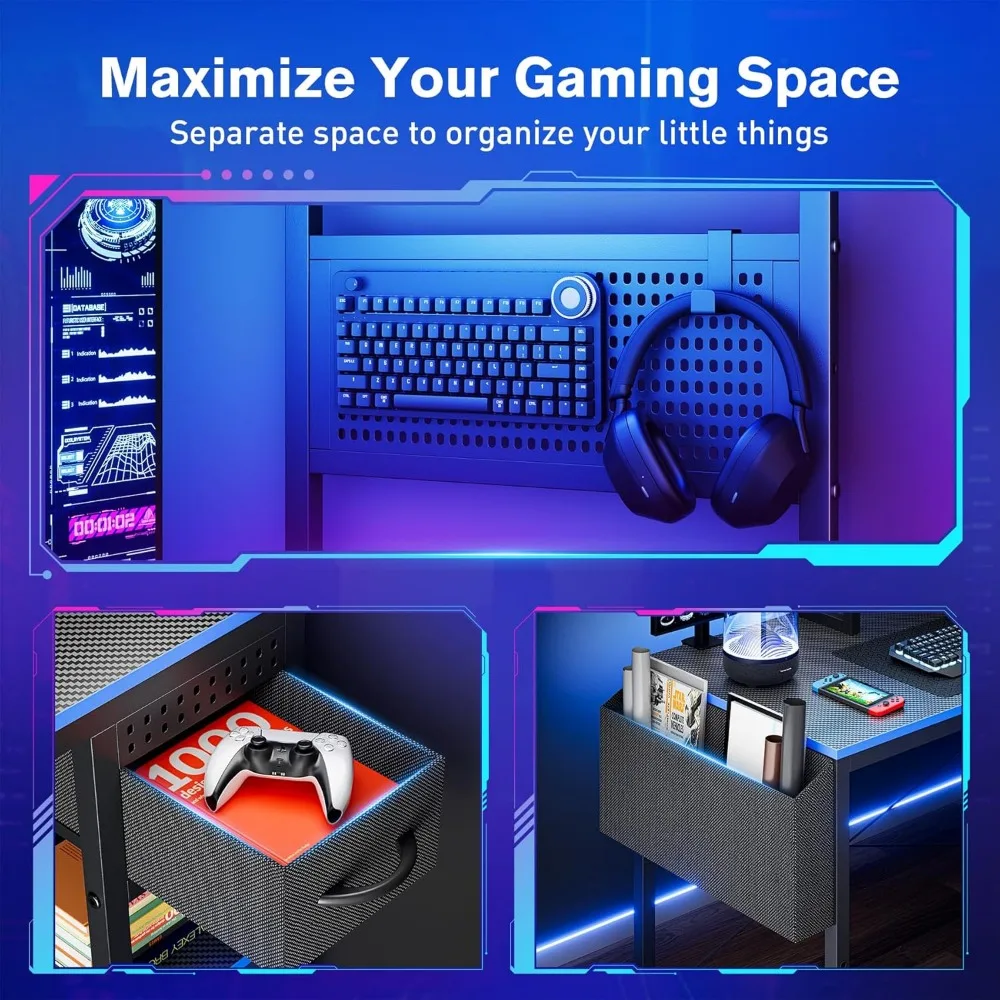 مكتب ألعاب مقاس 47 بوصة مع رف تخزين بإضاءة LED قابل للتعديل، ولوحة بيجبورد صغيرة يمكنك صنعها بنفسك، ودرج لألعاب الكمبيوتر وتنظيمها