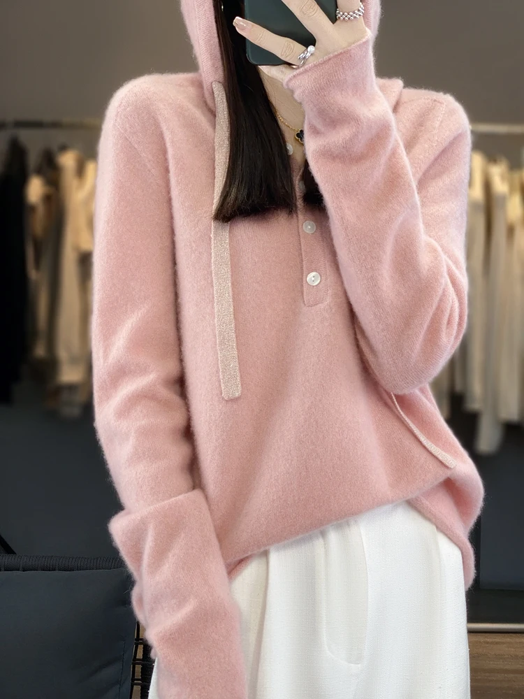 Autumn and Winter New Women's 100% Pure Merino Wool Hooded Casual Pullover Wool Sweater Seamless Knitted on One Side