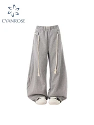 Women's Grey Pants Baggy Aesthetic Oversize Pants Harajuku Sweatpants Japanese 2000s Style Y2k Vintage Trousers Trashy Clothes
