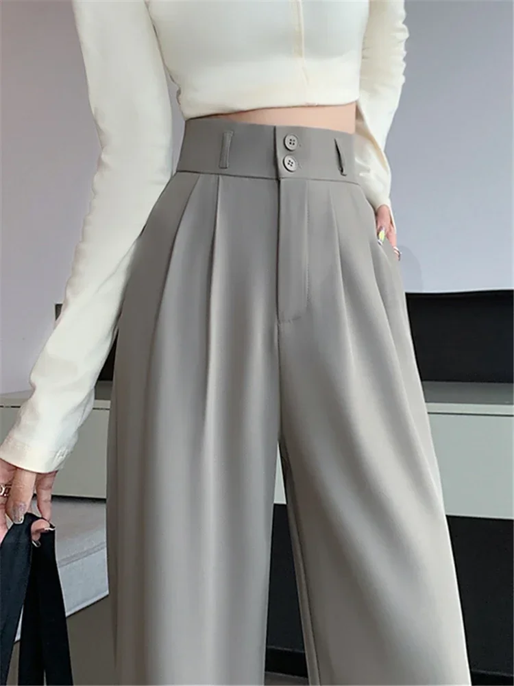 2024 New Buttons High Waist Suit Wide Leg Women's Pants Spring Summer Female Elegant Minimalism Straight Loose Trousers