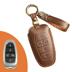 Leather Car Key Case Cover Fob Protect for Hyundai 3/4/5/7 Buttons Top Layer Leather
