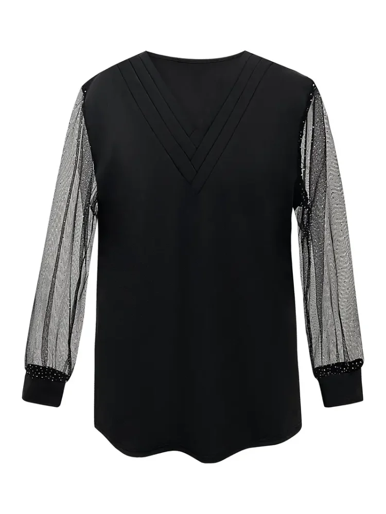 Plus Size Mesh Stitching T-Shirt Casual V Neck Long Sleeve T-Shirt Women\'s Plus Size Clothing