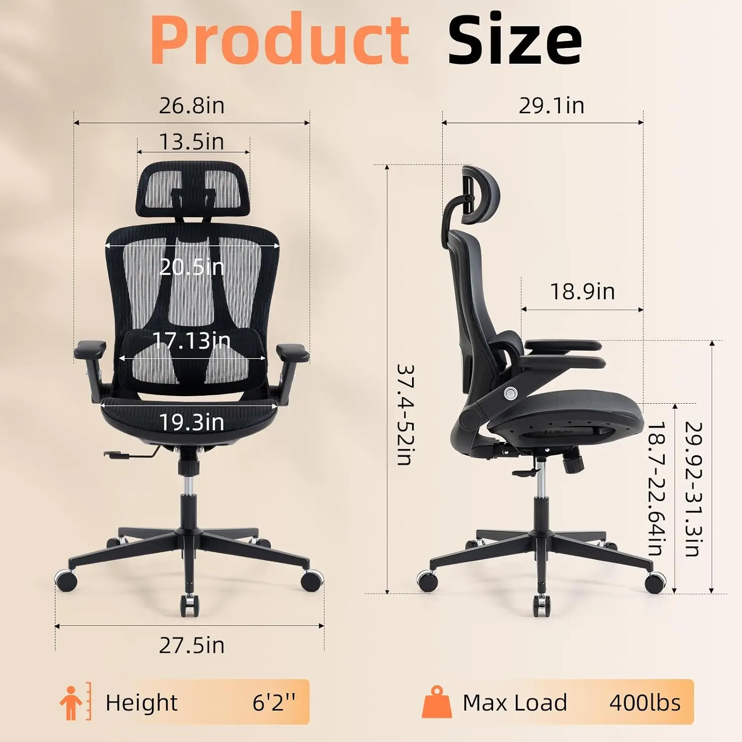mbar Support 4D Flip-Up Armrests 2D Headrest 3-Level Tilt 135° Reclining Breathable Desk Chair Home Office, Customized