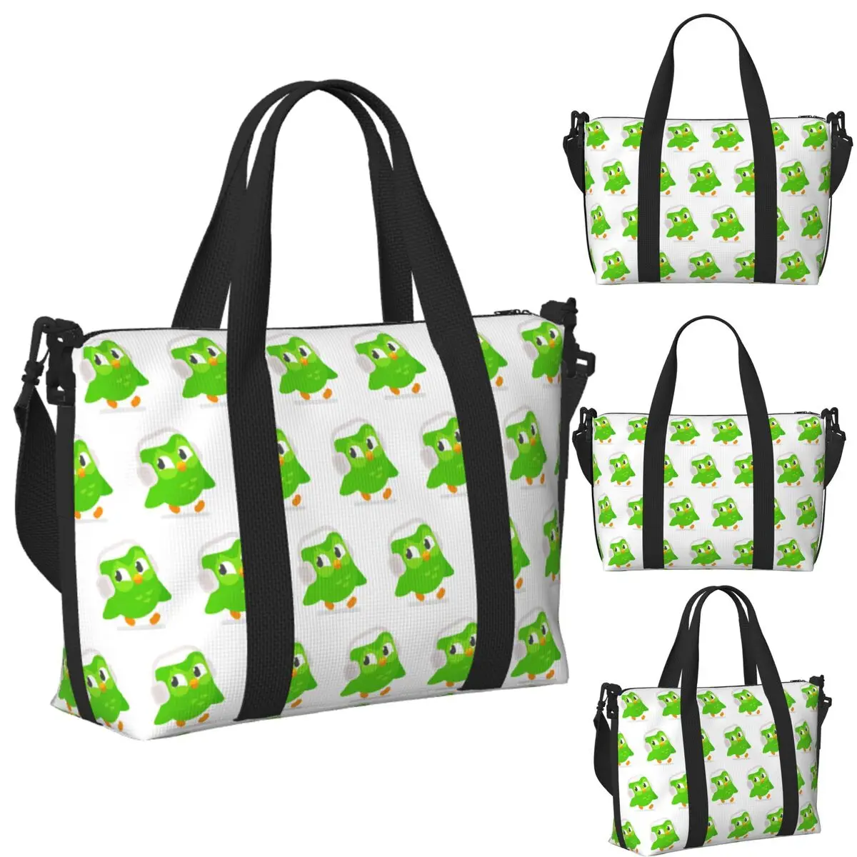 

Custom Duolingo Owl Duo Beach Travel Bag Large Capacity Tote Bags for Gym Sport Women Shopping Duffle Shoulder Bag