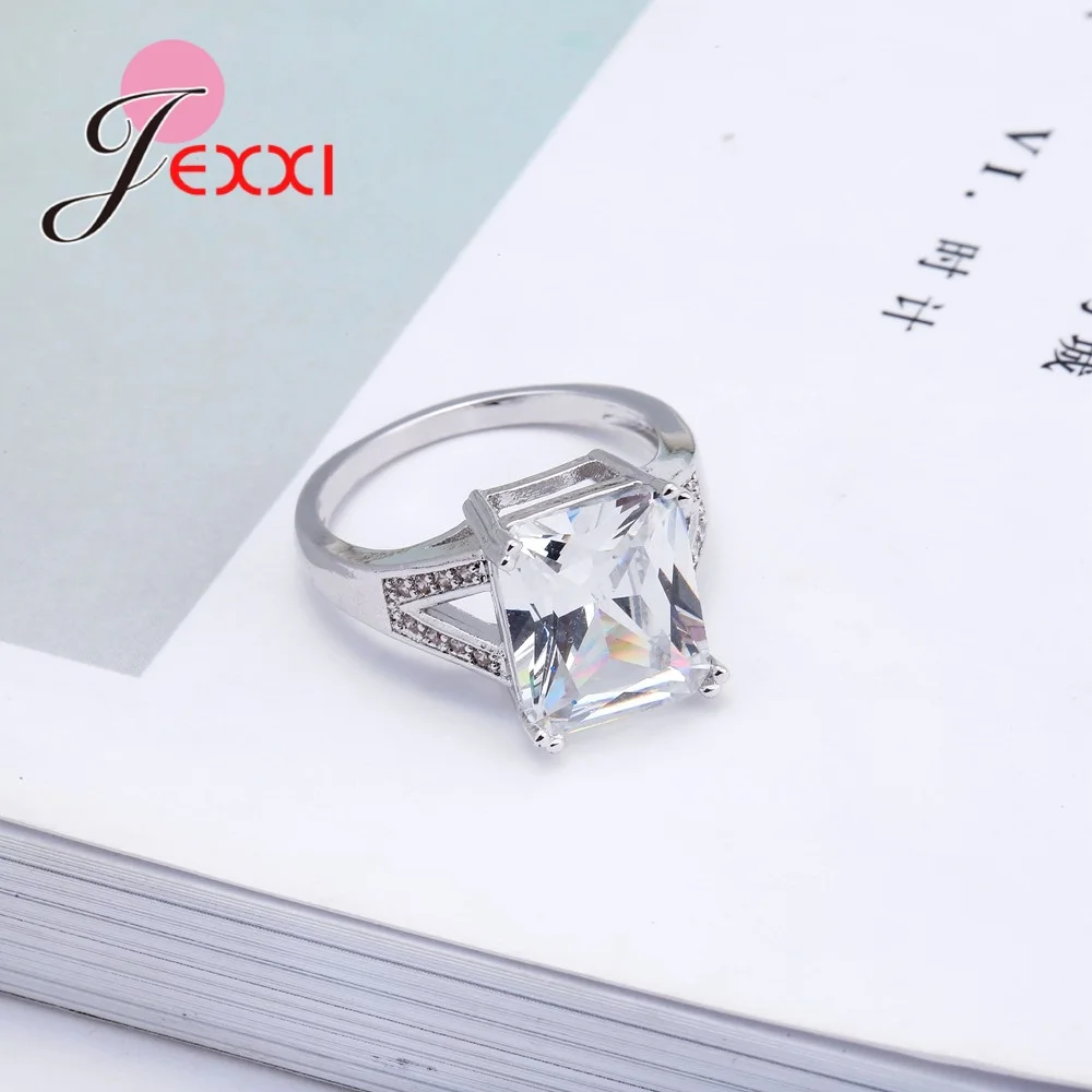 Simples 925 prata esterlina anéis de casamento para mulheres claro forma quadrada noivado anel de dedo de cristal anel anillos femme