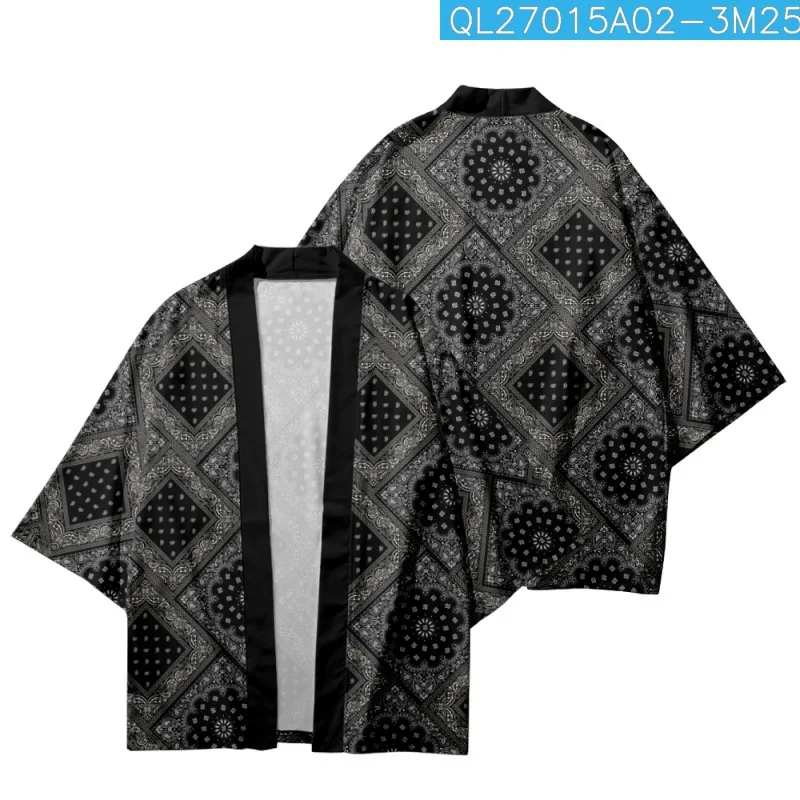 

Folk-Custom Printed Black Summer Japanese Loose Harajuku Kimono Cardigan Cropped Pants Women Men Cosplay Yukata