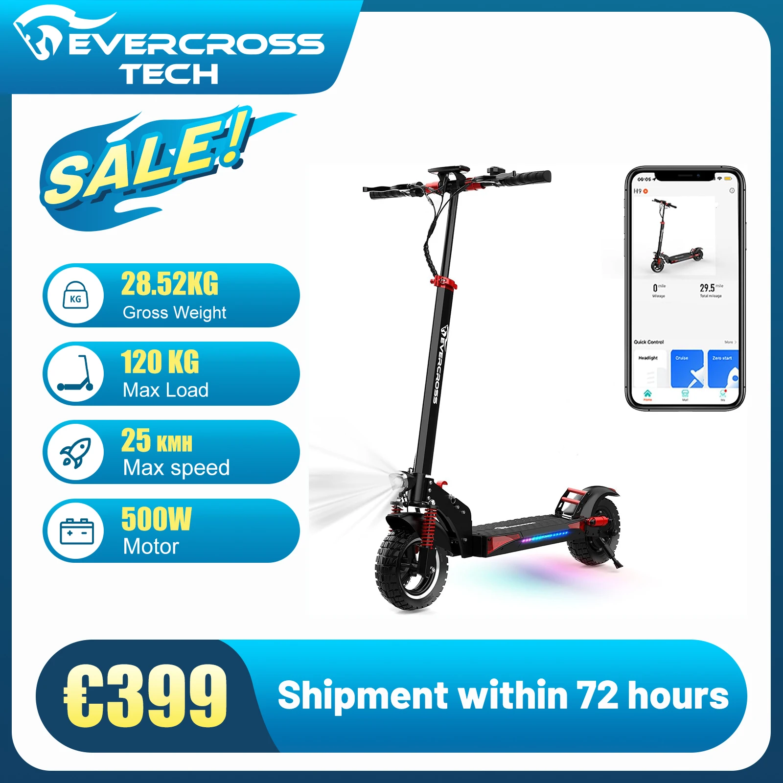 EVERCROSS TECH electric scooters for adults with App, 500 motor W, range up to 65 km, solid tires 10”