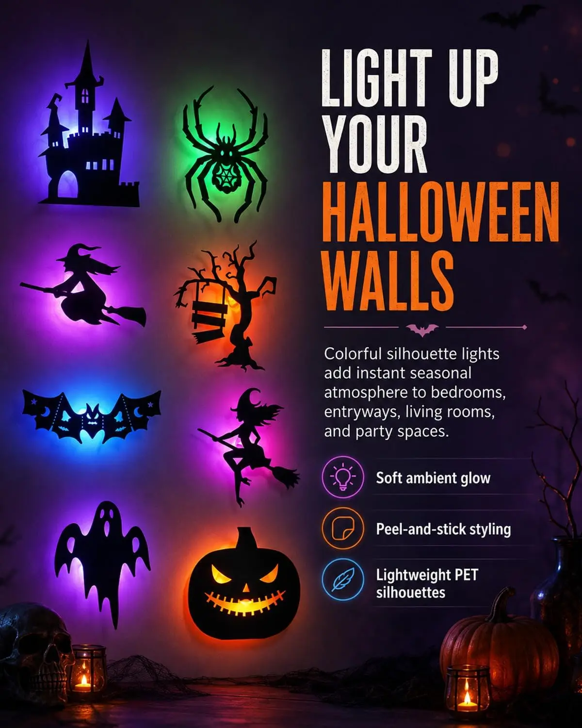 LED Light Up Halloween Hanging Ghost Spider Web Bat Ornaments Halloween Party Horror Props Indoor Outdoor Home Decoration Gifts