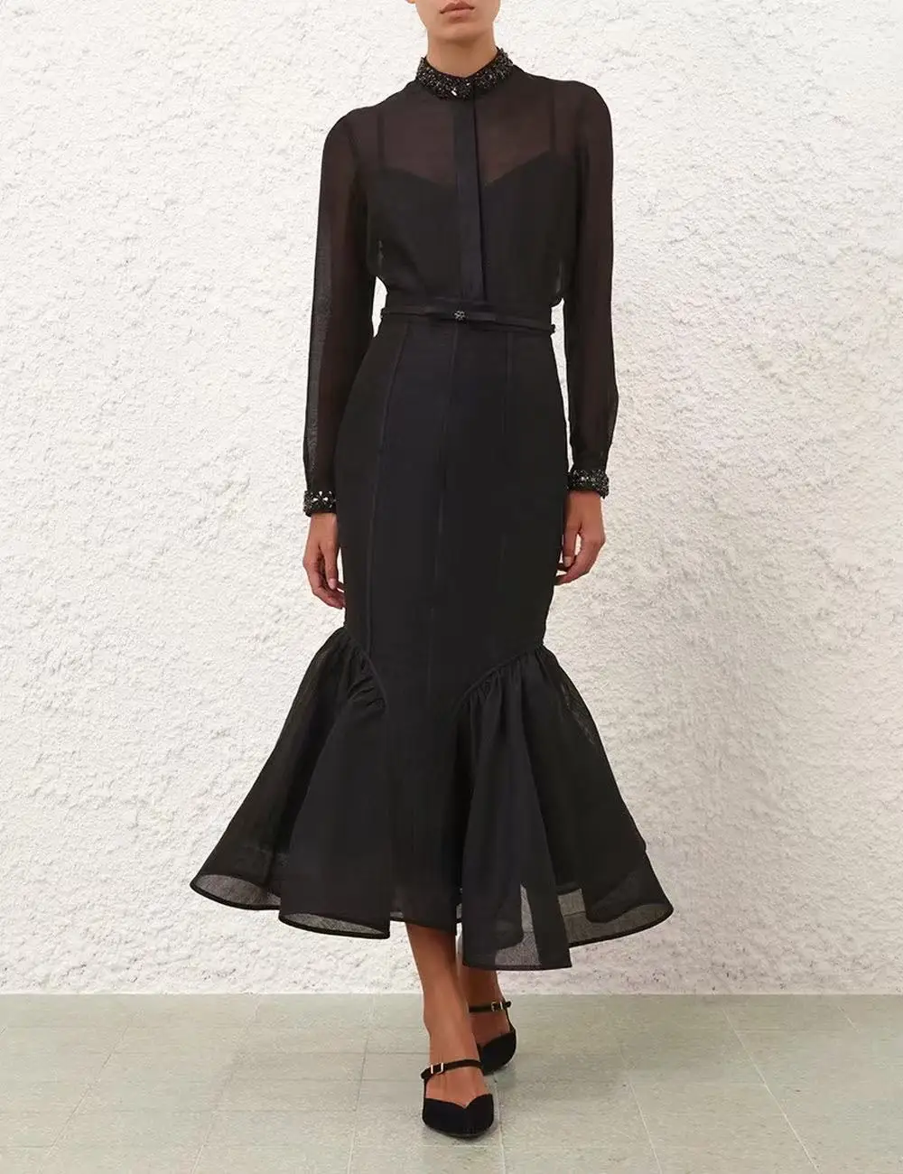 

Linen Silk Latest New High Quality Black Full Sleeve Diamonds and Pleat Ruched Mermaid Skirt Intellectual Outfit Women Set