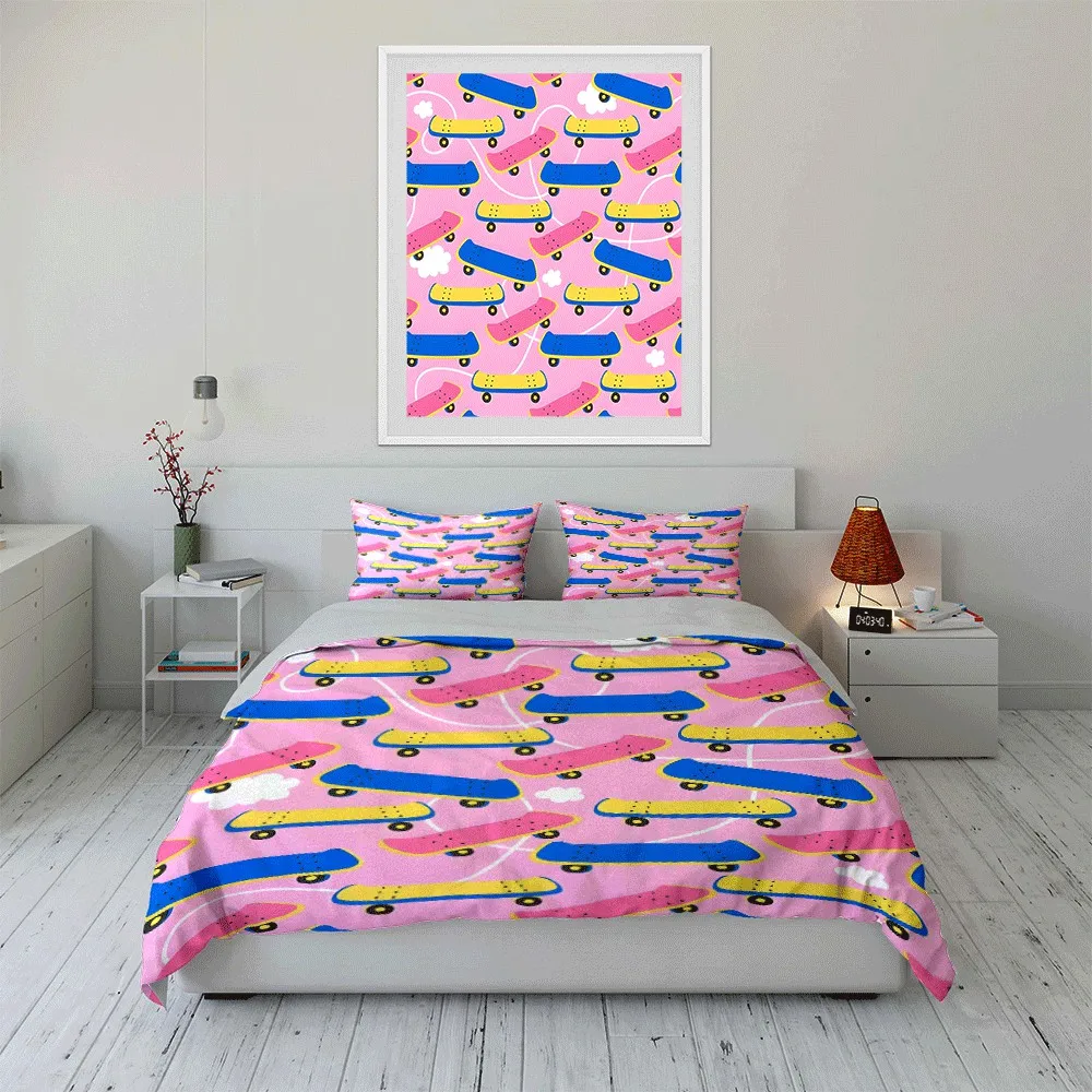 Colorful Skateboard Pattern Design Set Exquisite three-piece bedding set gift for kids and adults