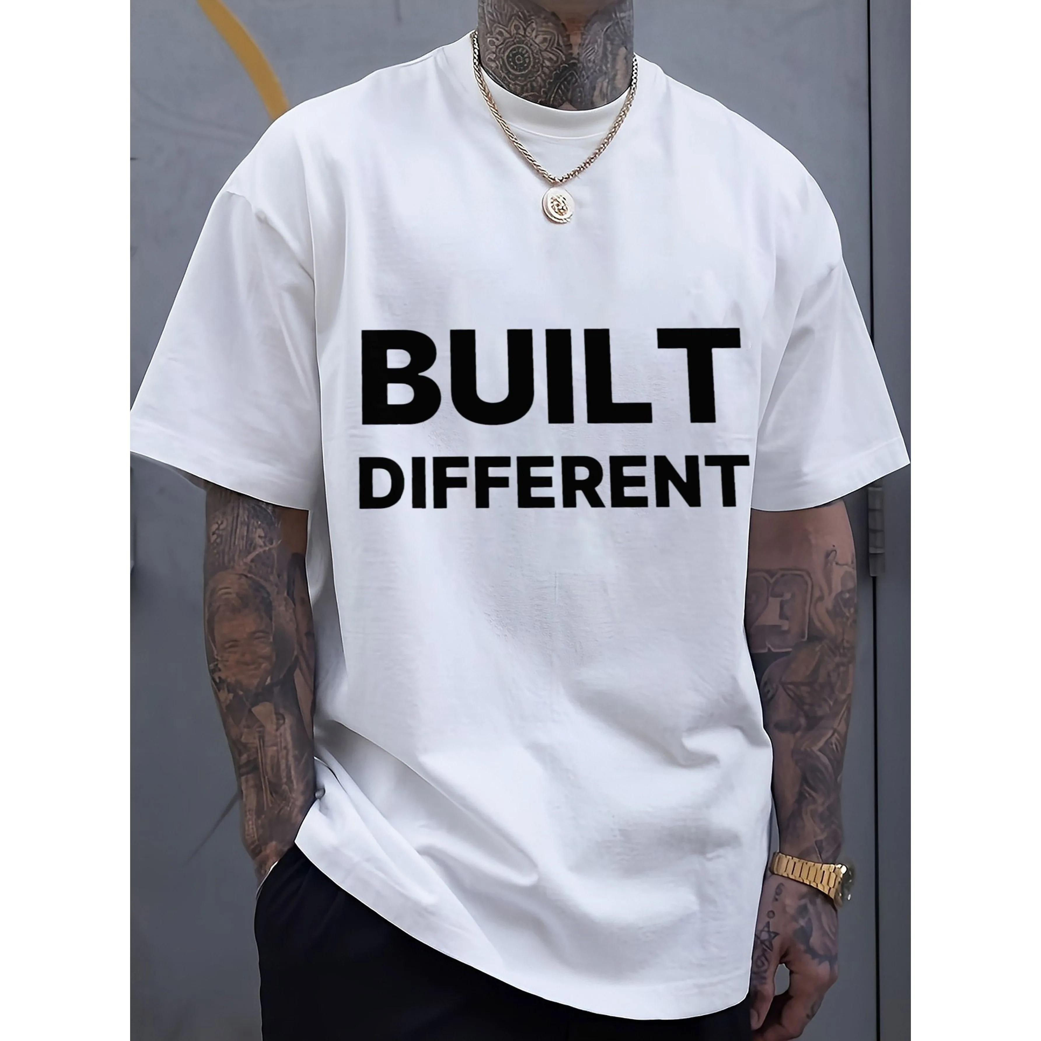 Built Different Graphic Tee Men Oversized Crewneck T-Shirt Pure Cotton Casual Street Wear Top