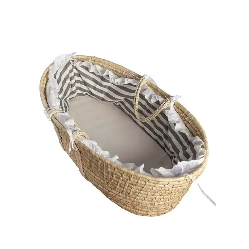 Eco Friendly Organic Cotton Baby Moses Basket Hand Woven Corn Husk Newborn Cradle Portable Infant Bed European Style Durable