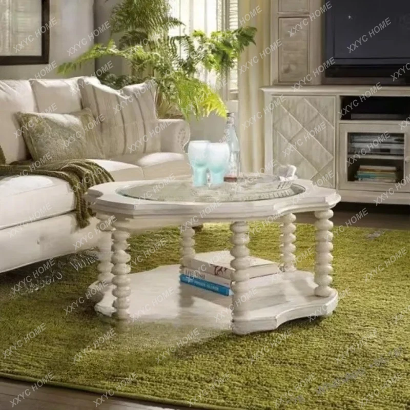 

rural solid wood old round coffee table simple white open paint living room tea table