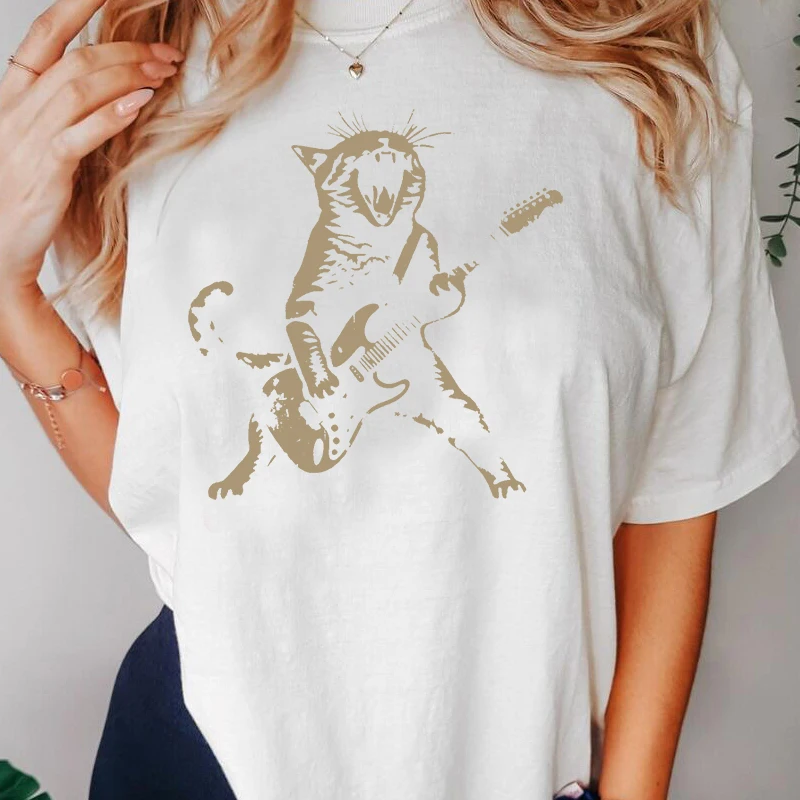 Rock Cat Playing Guitar T Shirt Women Men Funny Guitar Cat T-Shirt Casual Cotton Short Sleeve O Neck T-shirts Unisex Streetwear