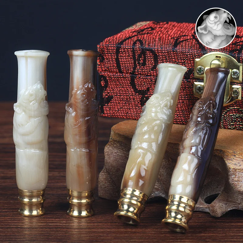

Authentic new spot natural men's carved horn cigarette holder dual filter high-grade can clearly recycle cigarette filter.