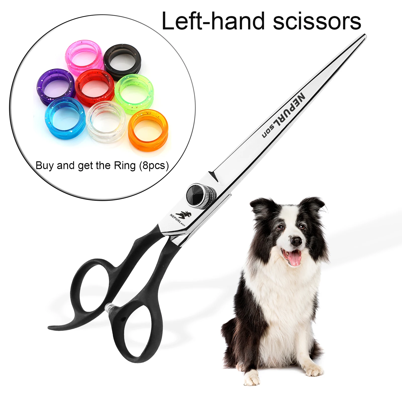 Professional JP440C 7.0inch Left hand black elastic paint handle straight Pet Cutting Grooming Scissors  Dog Scissors work great