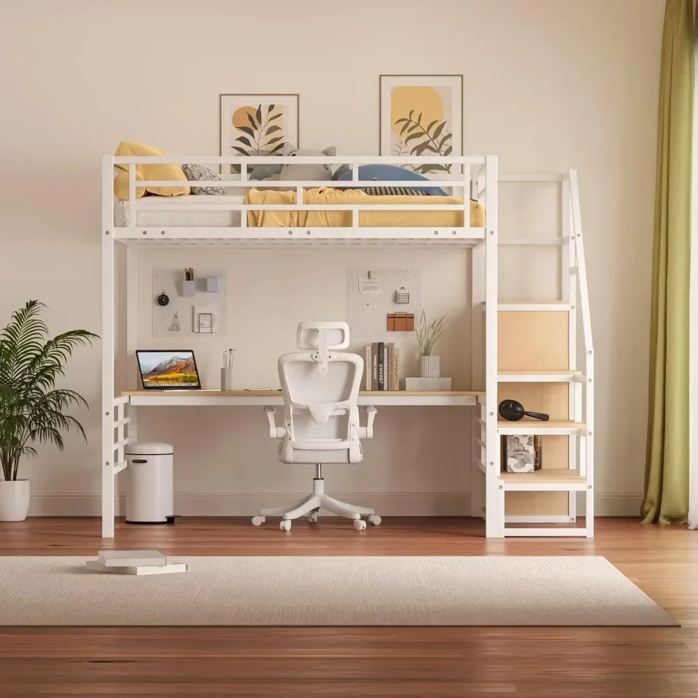 Lit Loft pleine grandeur pour enfants, bureau et escaliers de rangement, lit Loft haut polyvalent, cadre de lit Loft en métal, pas besoin de Ressorts boxeurs