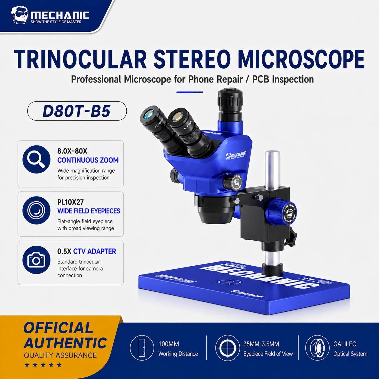 MECHANIC D80T-B5 Trinocular Stereo Microscope 8X-80X Zoom PL10X27 Wide Field Eyepiece 0.5X CTV Adapter for Phone PCB IC Repair