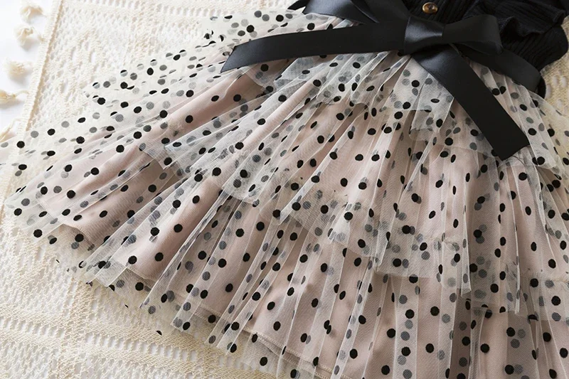 Baby Girl Flying Sleeves Knitted Dress Kids Polka Dot Mesh Dress Girl Princess Cake Dress Kids Elegant Black Dress for 2-6 Years