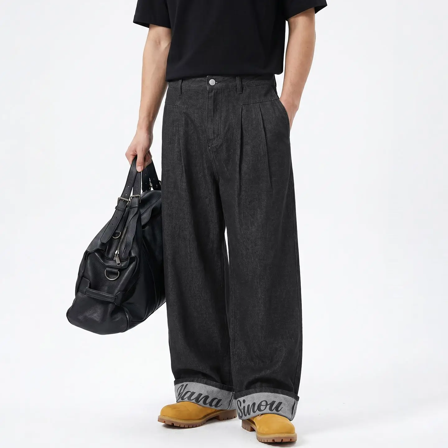 Trendy American Structure Pleated Raw Cow Jeans for Men in Autumn with Folded Ankles and Printed Straight Loose Casual Trousers