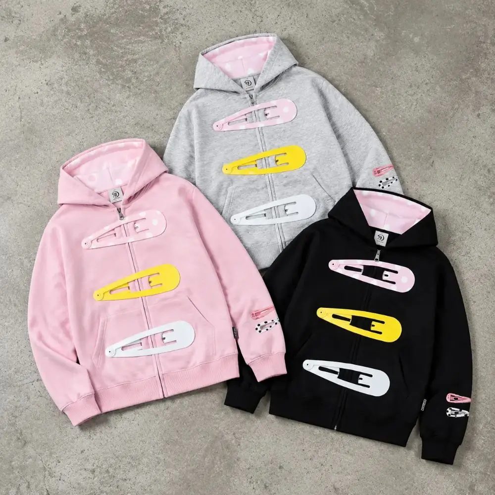 Harajuku Barrette Langarm Crop-Sweatshirt mit Kapuze, Oversized Damen-Hoodie mit Reißverschluss, bunte, riesige Kawaii-Haarspangen-Jacke