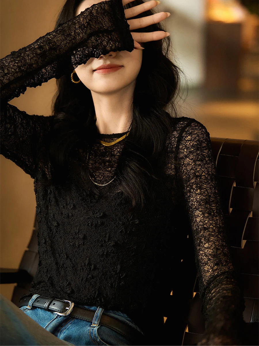 

Ele Long Sve T-irt Ne Ba Love Letter Design Elastic Lace Ne Button Casual Faion Women's Top Breathable Comfo...