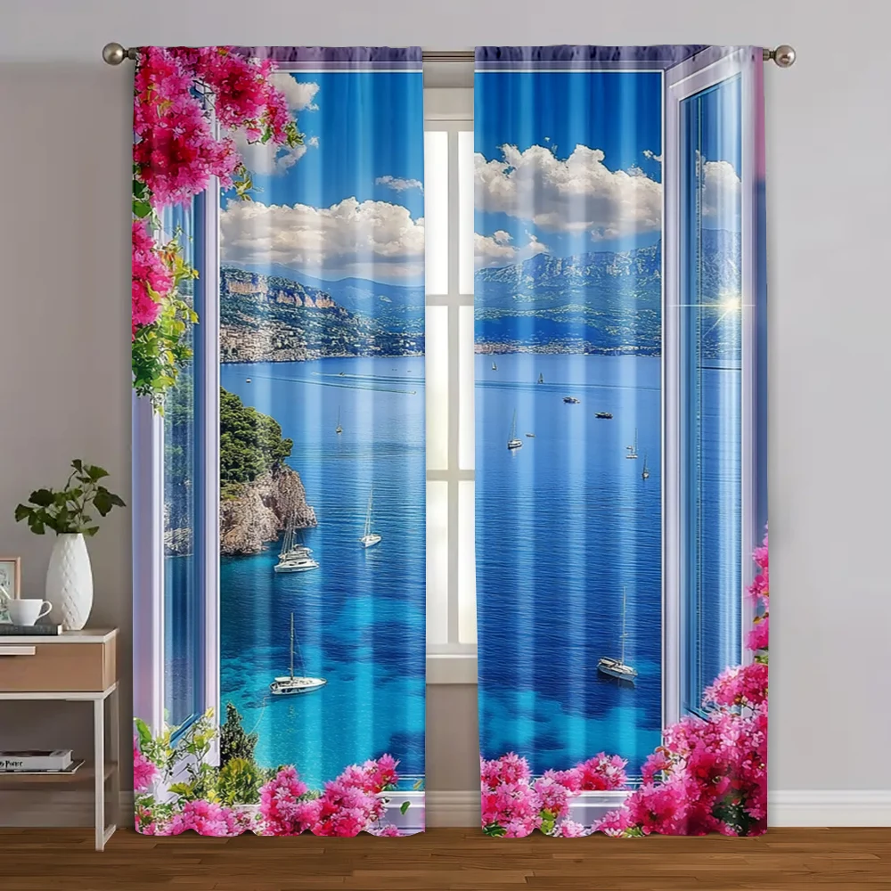 2pcs 3D Sea View Print Curtains Sailboat and Bougainvillea Flower Pattern Polyester Window Drapes for Living Room Bedroom Decor