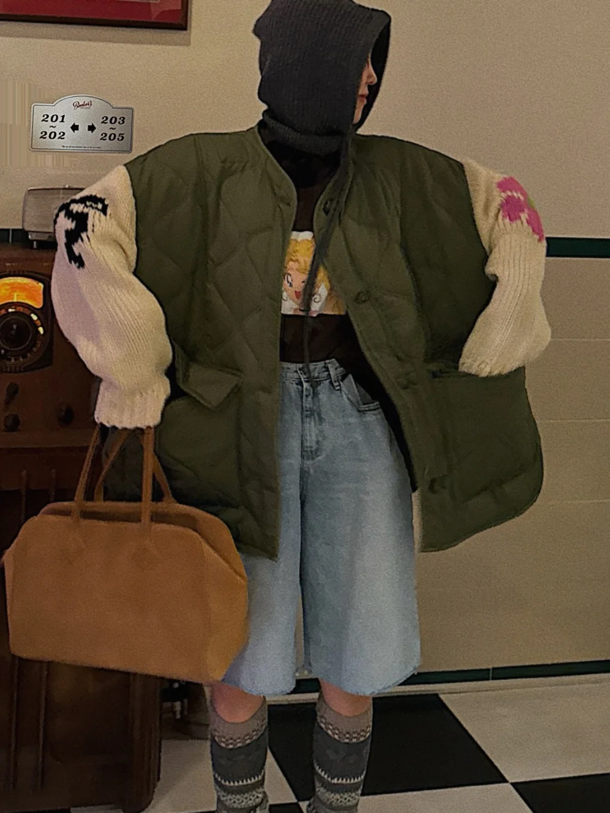 

Korean Sle Loose Cotton Jaet Women's Faionable Knitted Splicing Sve Knot Hook Flower Matching Outerwear