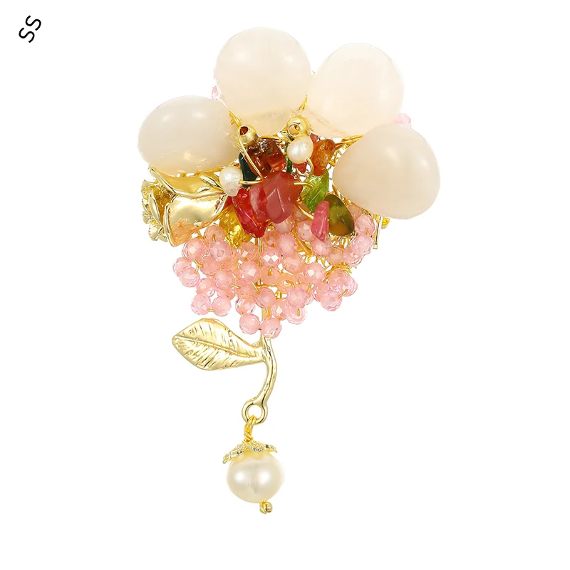 

New Fashion High-grade Natural Pearl Jade Handmade Brooch Temperament Sweet Pink Flower Corsage Women's Accessories