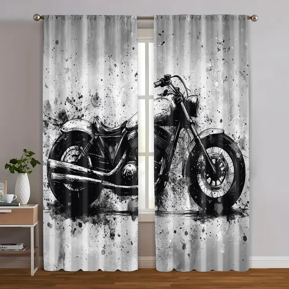 2pcs, Window Curtain 2D print Modern painted black and white brick wall motorcycle graffiti Polyester Easy Install (without rod)