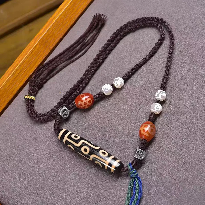Natural Agate Nine-Eyed Heavenly Bead Pendant Sweater Chain Five-Eyed Lightning Vase Heavenly Bead Hand-Woven Cord Necklace