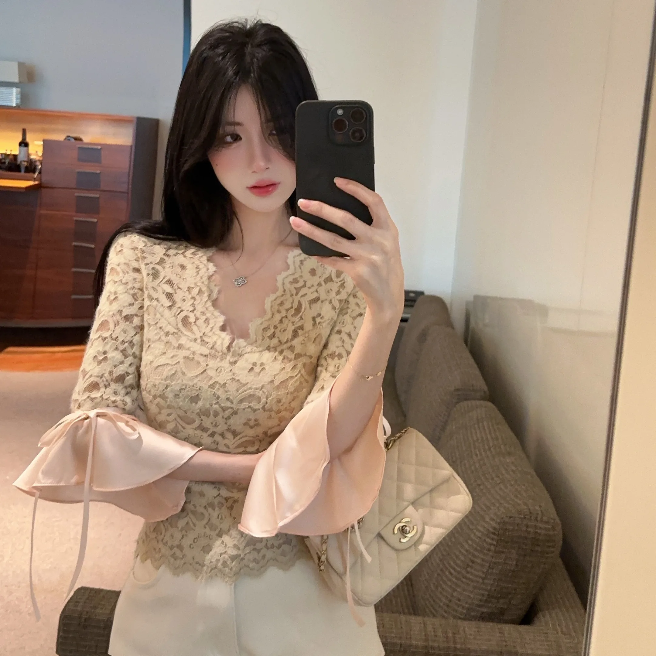 Korean Fashion Women Lace Shirt Flare Sleeve Crochet Blouse Spring Summer Sweet V Neck Slim Lady Tops
