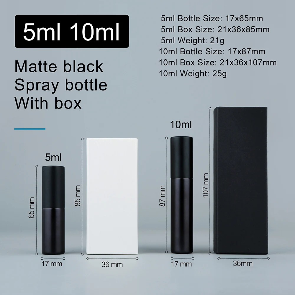 Matte Black Perfume Bottle with Boutique Packaging Box, Sample Bottles, Custom Logo Pay Extra, 5ml, 10ml, 30 Pcs, 50Pcs