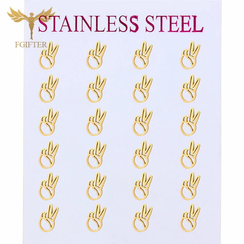 12 Pairs Stainless Steel Earrings Set Hollow Hand Victory Gesture Design Golden Ear Studs Women Fashion Jewelry Cheap for Resale