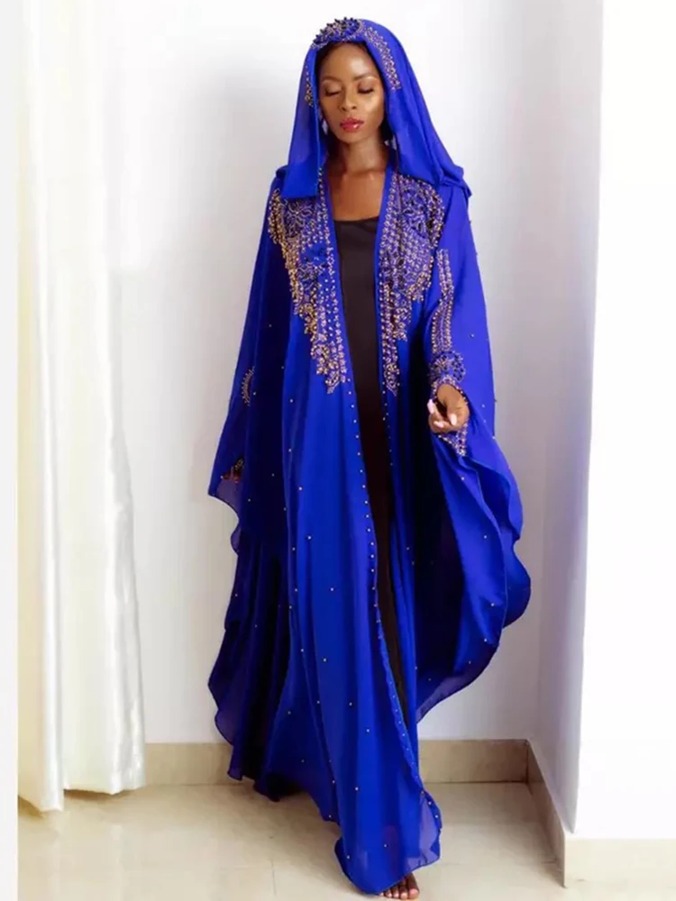 Crystal African Chiffon Maxi Dress for Women Diamond Kaftan Gown Lady Wedding Wear Ramadan Muslim Open Abaya