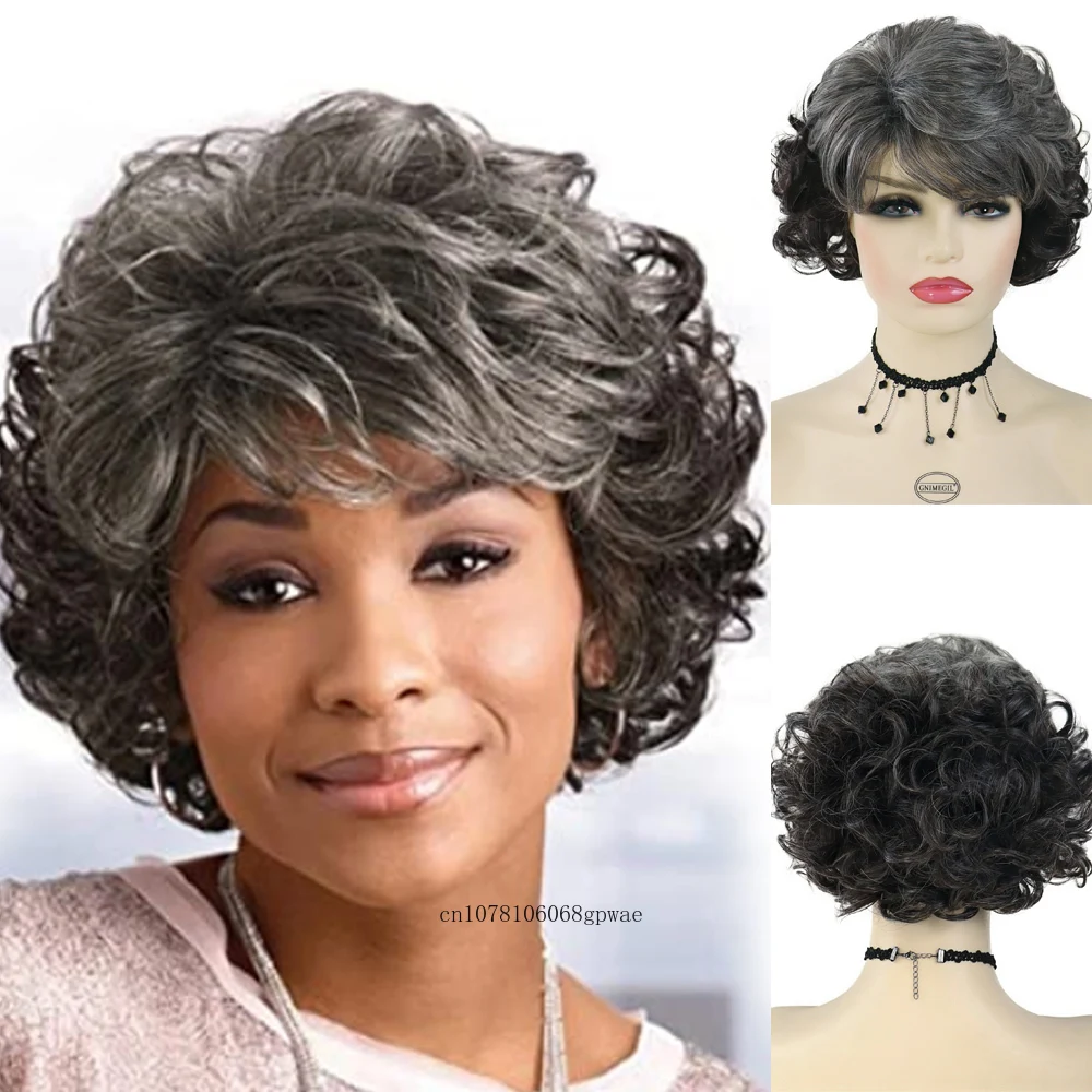 

Synthetric Hair Short Dark Grey Curly Wig with Bangs for Women Older Lady Grandma Wigs Daily Cosplay Costume Halloween Party