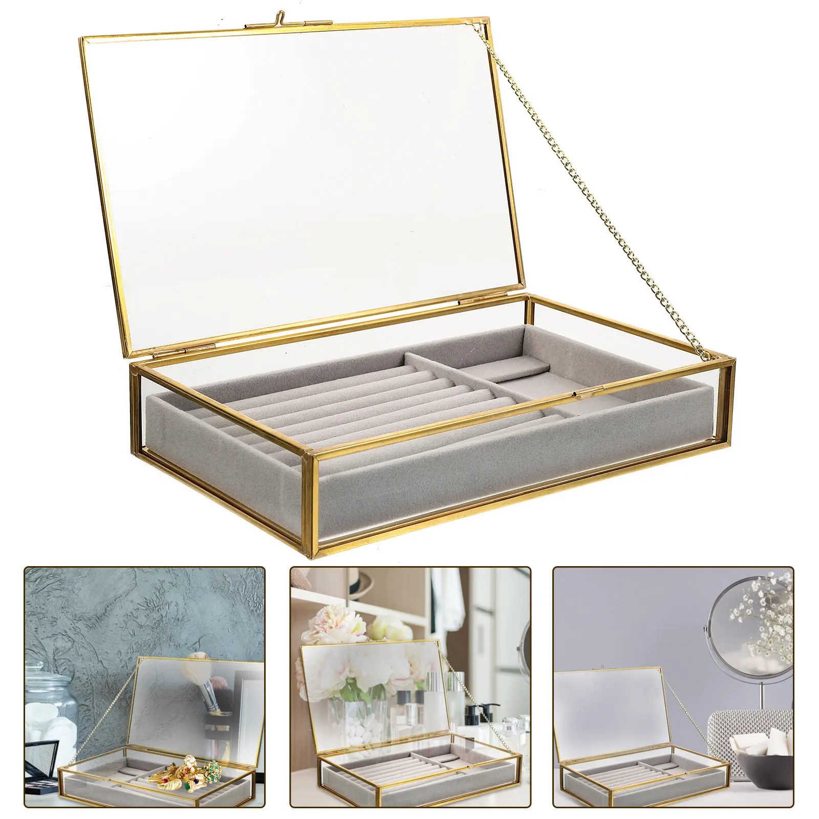 

Transparent Glass Jewelry Box with Gold Tone Alloy Frame Exquisite Jewelry Display and Storage Container for Rings Necklaces