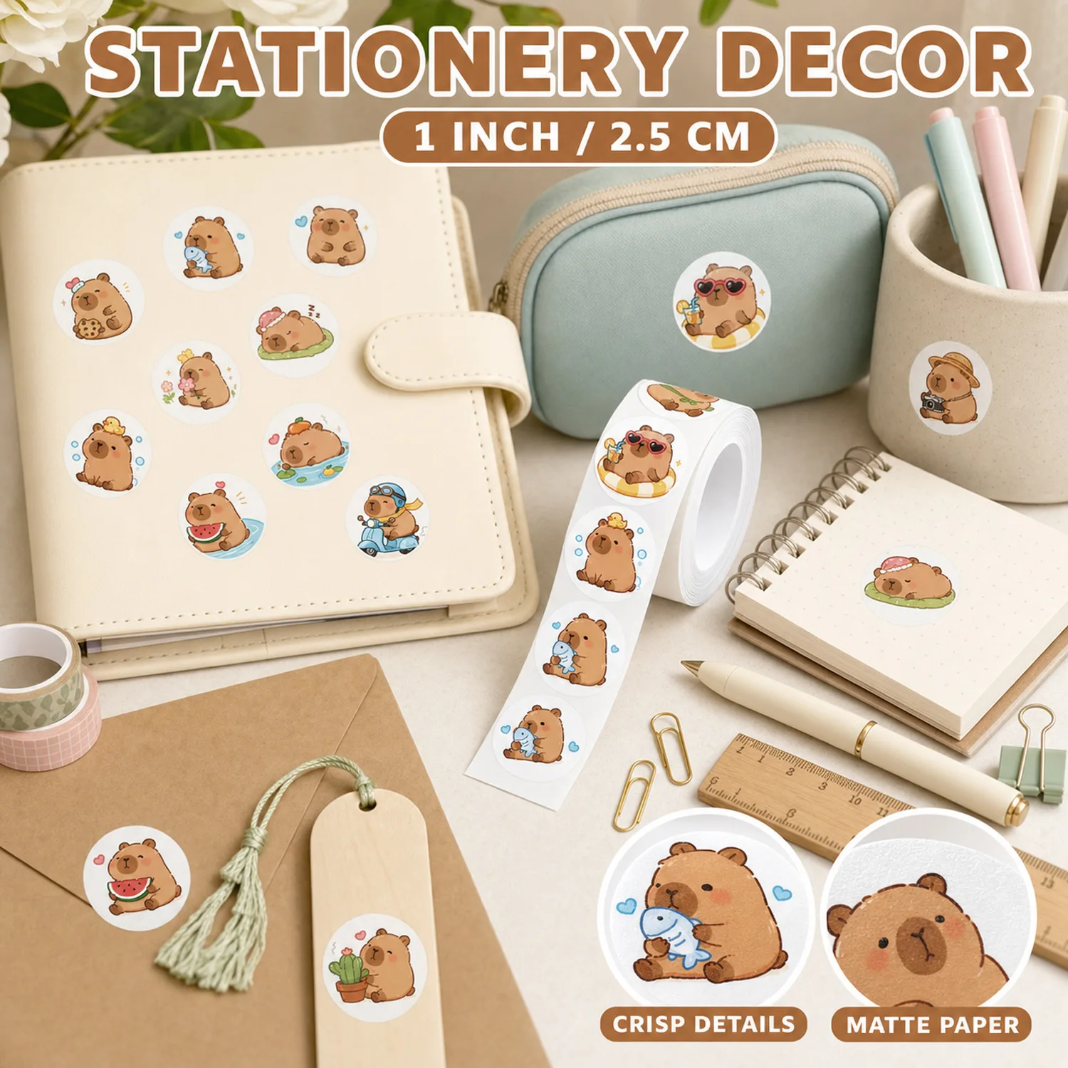 JCAC 500pcs/roll Cute Cartoon Capybara PVC Self-Adhesive Seal Stickers, Gift DIY Packaging Labels view 5
