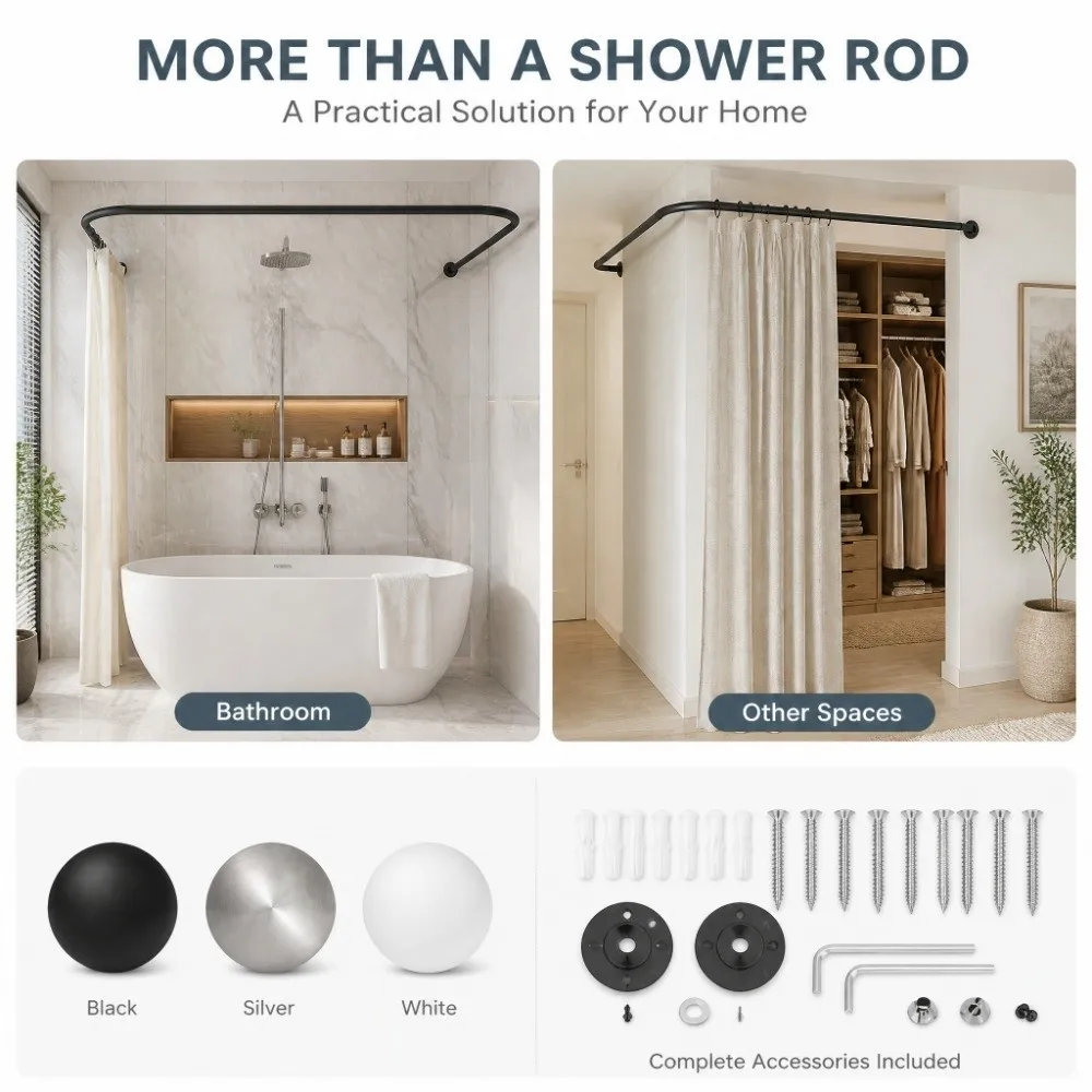 U Shape Shower Rod Thickened Stainless Steel No Drill Curved Shower Rod Curved Tension Mounting Tension Shower Rod Home Scenes