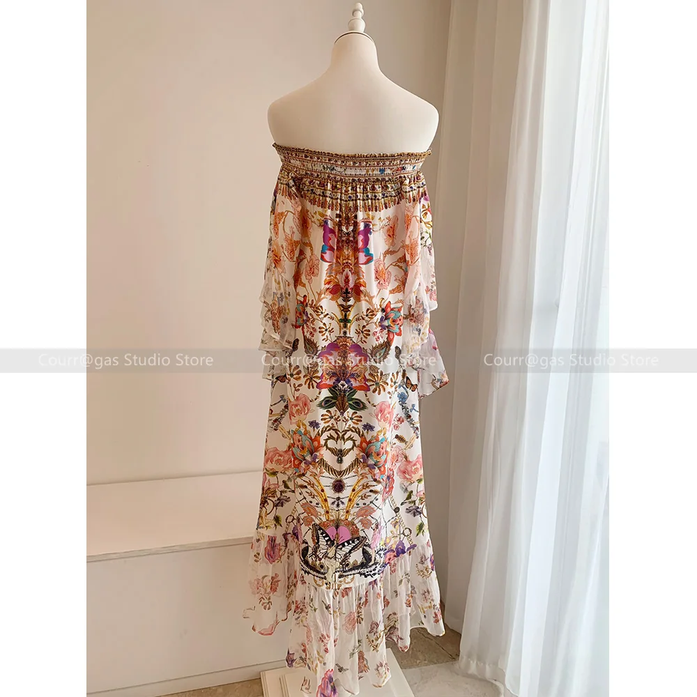 Seaside vacation one-shoulder floral long dress tea break temperament goddess model high-end exquisite dresses