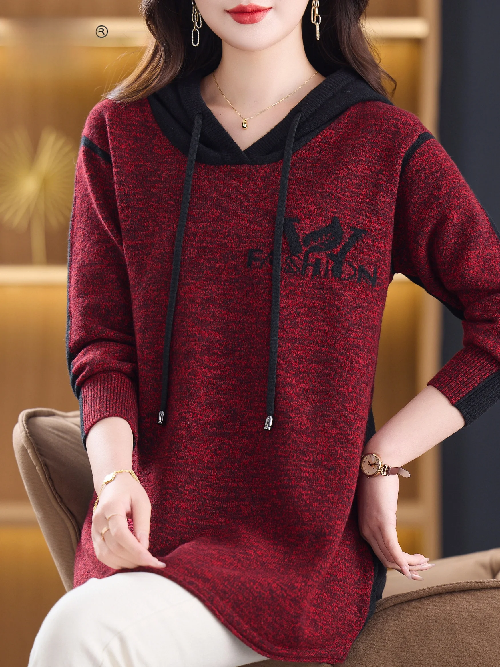 

Осень-зима Повседневная спортивная одежда Sle Женская длинная толстовка с капюшоном Dr Warmthly Свободный крой Трикотаж средней длины Топ для ли