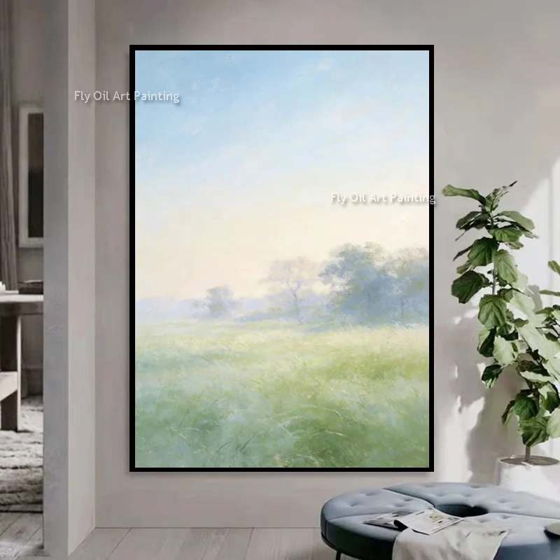 Specail Design Green And Blue Landscape Canvas Thick Oil Painting Hand Painted Modern Home Wall Decor Items Beige Artwork