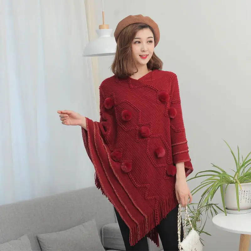 Red NEW Women Spring Knit Tassels Pullover Lady Out Loose Coat Sweater Vest Party Scarf Over Cloth Top Shawl Cloak Cape Poncho