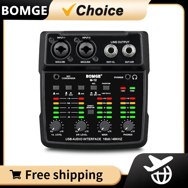 BOMGE M12 2 Channels Audio Interface for PC Recording,Sound Card USB 48V Power  for Studio, Karaoke,Ultra-low, Latency Plug&Play