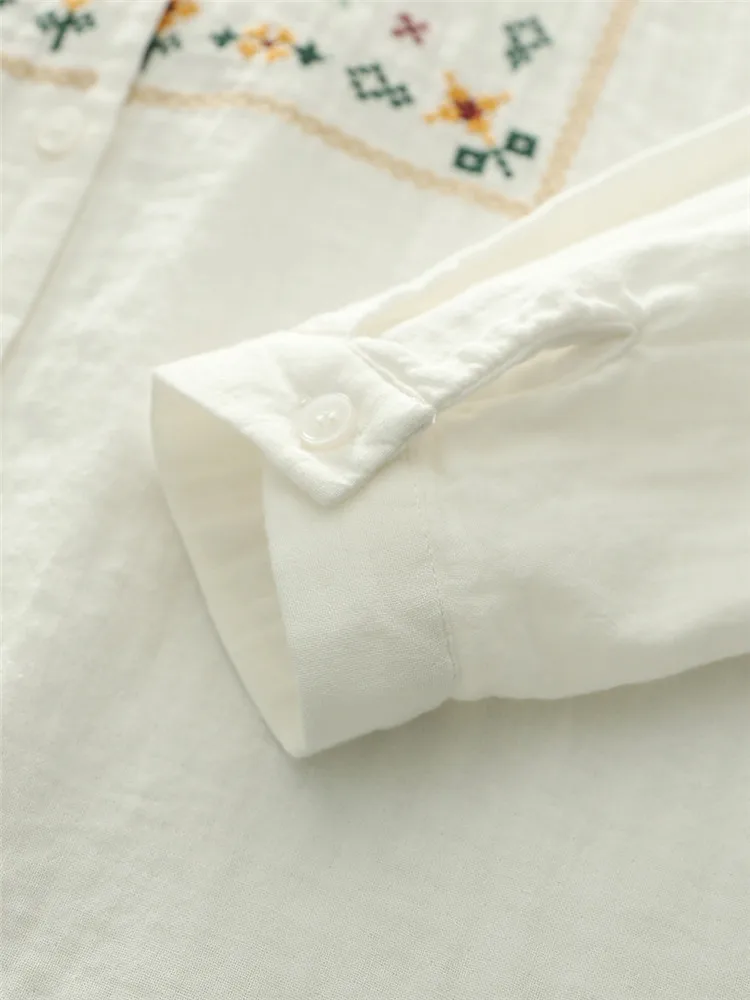 

Ele Ethnic Sle Long Sve Embroidered Cotton irt Women's Casual Loose Top Spring Autumn New Arrival Double Layer Lin...