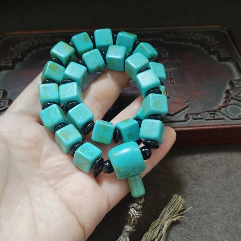 Antique collectible old patina turquoise square handheld for display and play string of beads